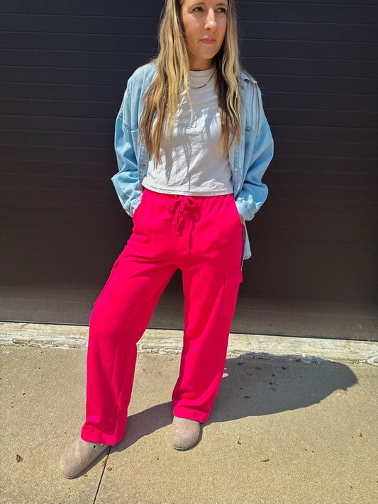 Bright Pink Cargo Straight Leg Sweatpants