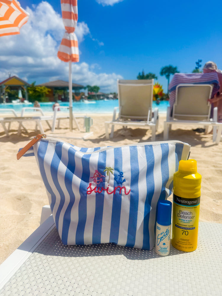 Blue Stripe Cabana Pouch | Custom Embroidered Pouch