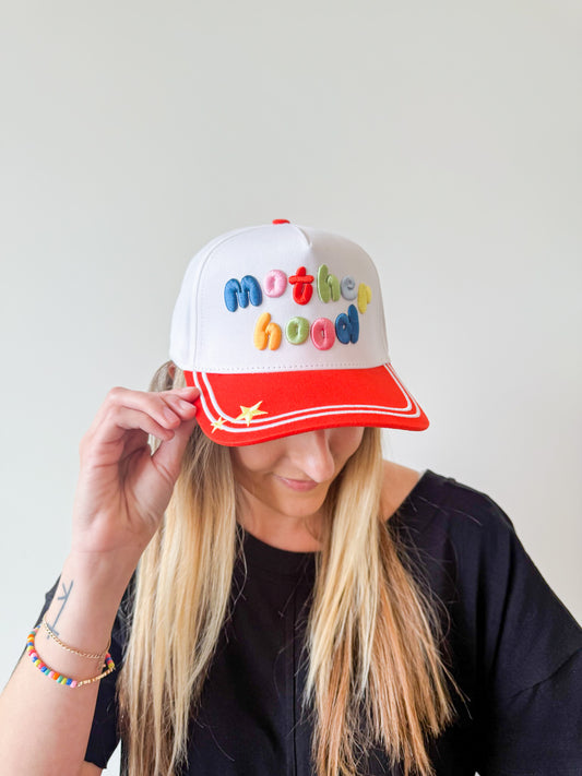 Red + White Motherhood Puff Embroidered Trucker Hat