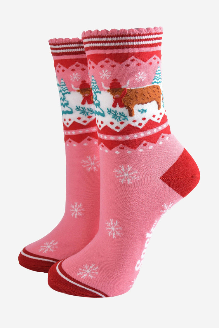 Women's Bamboo Socks - Christmas Highland Cow