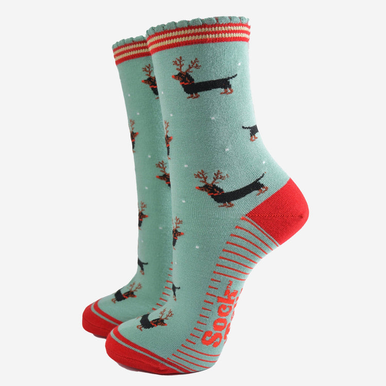 Women's Bamboo Christmas Socks - Dachshund Reindeer