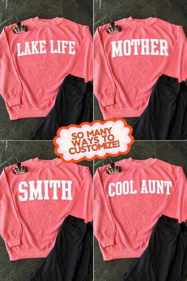 Collage of pink sweatshirts with customizable text on a dark background