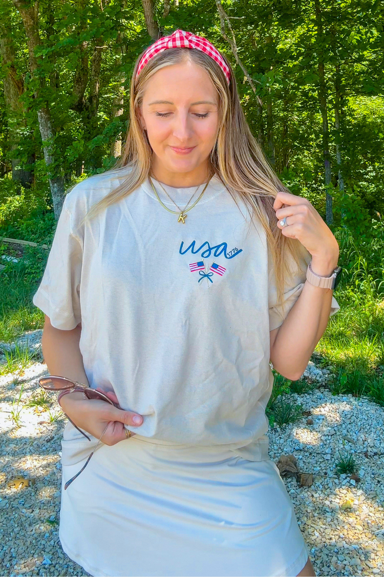 PREORDER | Embroidered USA + Flag Neutral T-Shirt