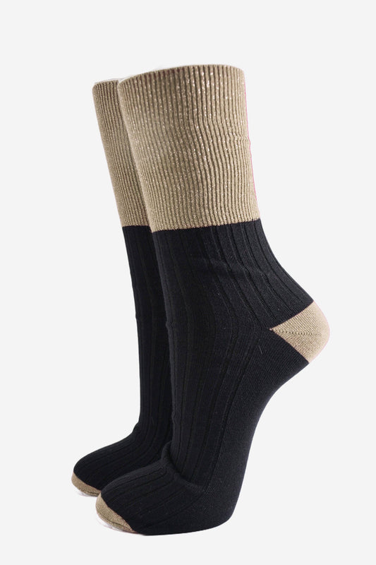 Women's Glitter Socks - Gold/Black Folding Cuff