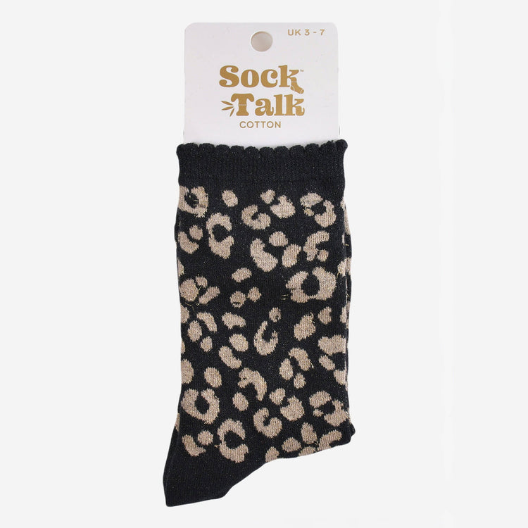Women's Glitter Ruffle Socks - Black/Gold Leopard