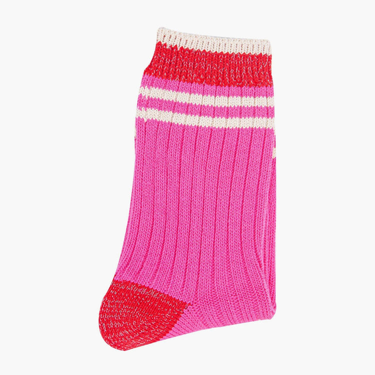 Women's Mid-Calf Socks- Pink/Red Striped Cuff