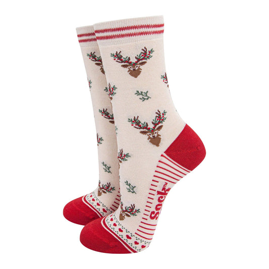 Women's Bamboo Socks - Floral Christmas Reindeer