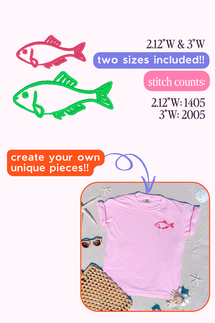 DIGITAL FILE: Retro Fish Embroidery Design, Doodle Fish Embroidery Icon, Machine File