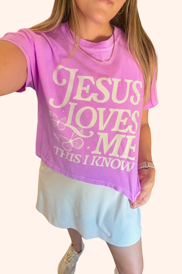 One of a Kind | Jesus Loves Me Neon Violet Boxy Tee (M)